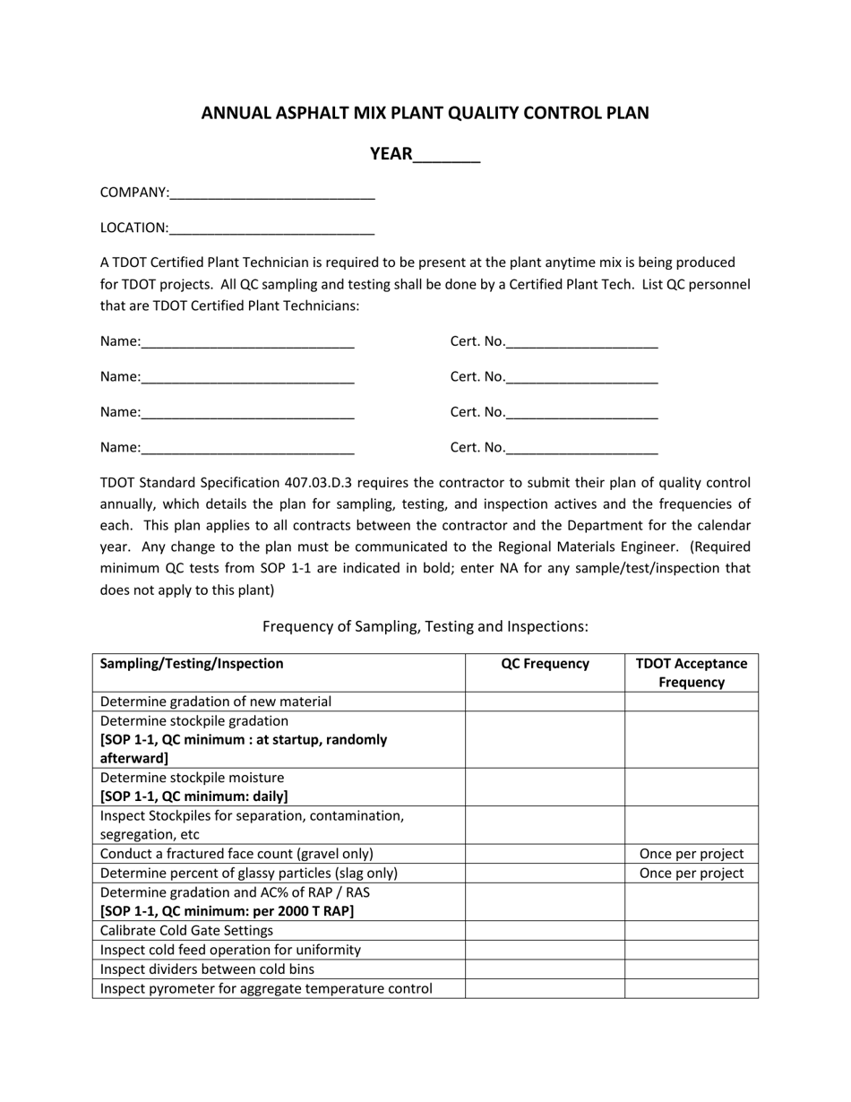 Annual Asphalt Mix Plant Quality Control Plan - Tennessee, Page 1