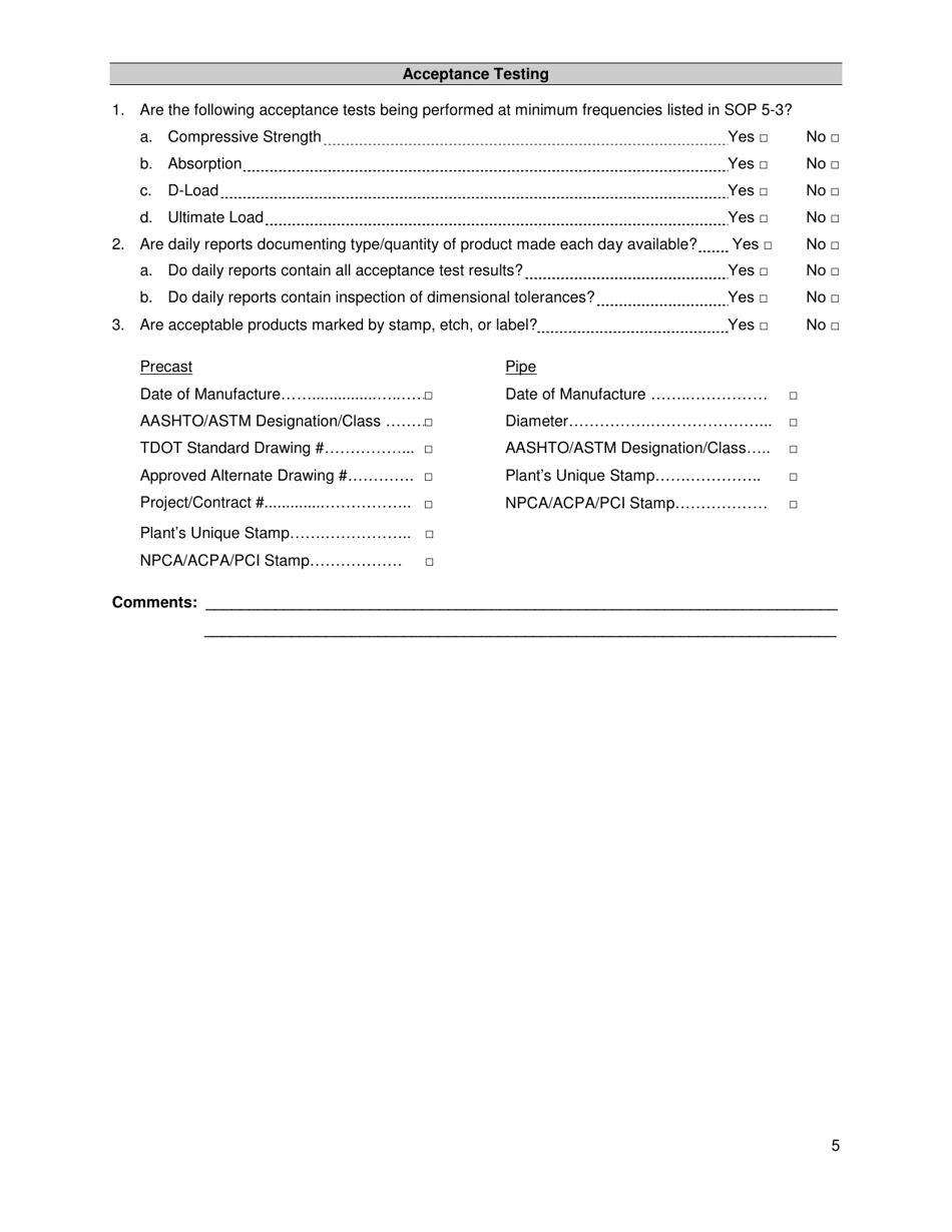 Precast Inspection Checklist - Tennessee, Page 5