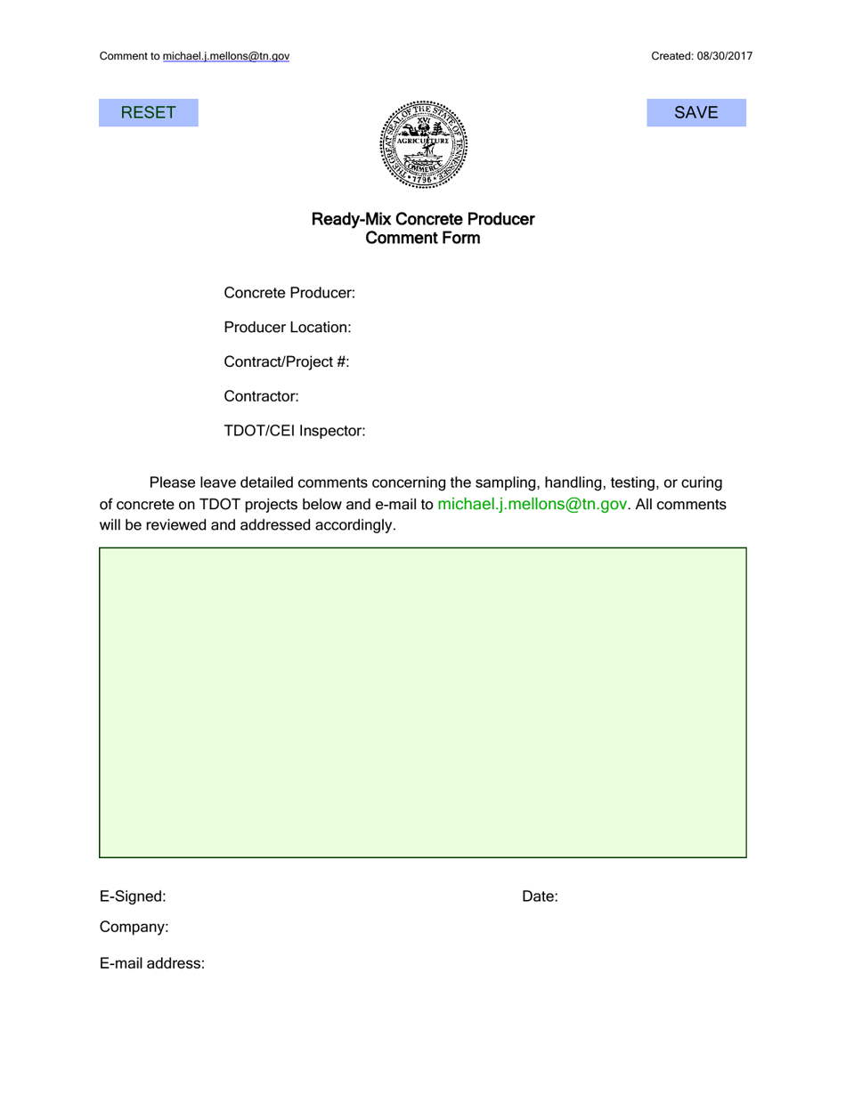 Ready-Mix Concrete Producer Comment Form - Tennessee, Page 1