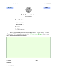 Document preview: Ready-Mix Concrete Producer Comment Form - Tennessee