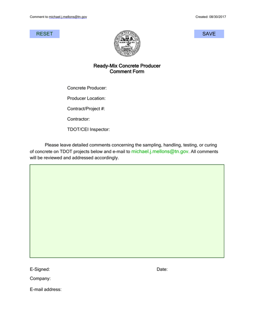 Ready-Mix Concrete Producer Comment Form - Tennessee Download Pdf