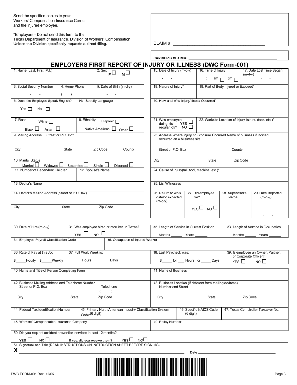 DWC Form 001 - Fill Out, Sign Online and Download Fillable PDF, Texas ...