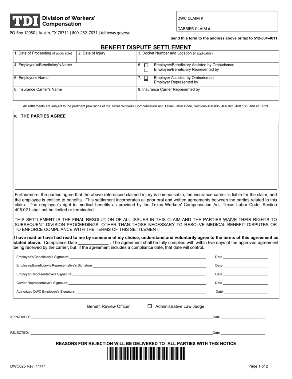 Form DWC025 Benefit Dispute Settlement - Texas, Page 1