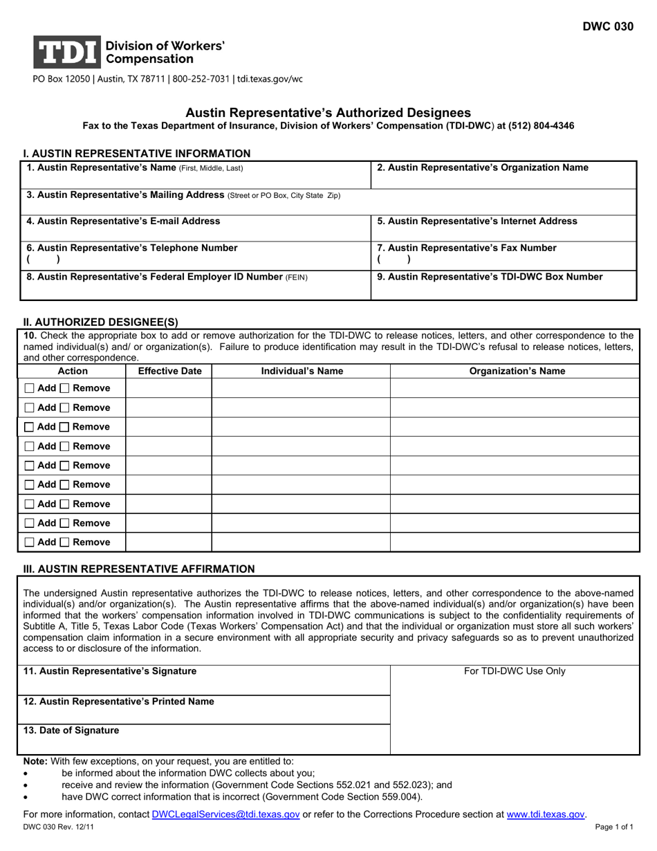 Form DWC030 Austin Representatives Authorized Designees - Texas, Page 1