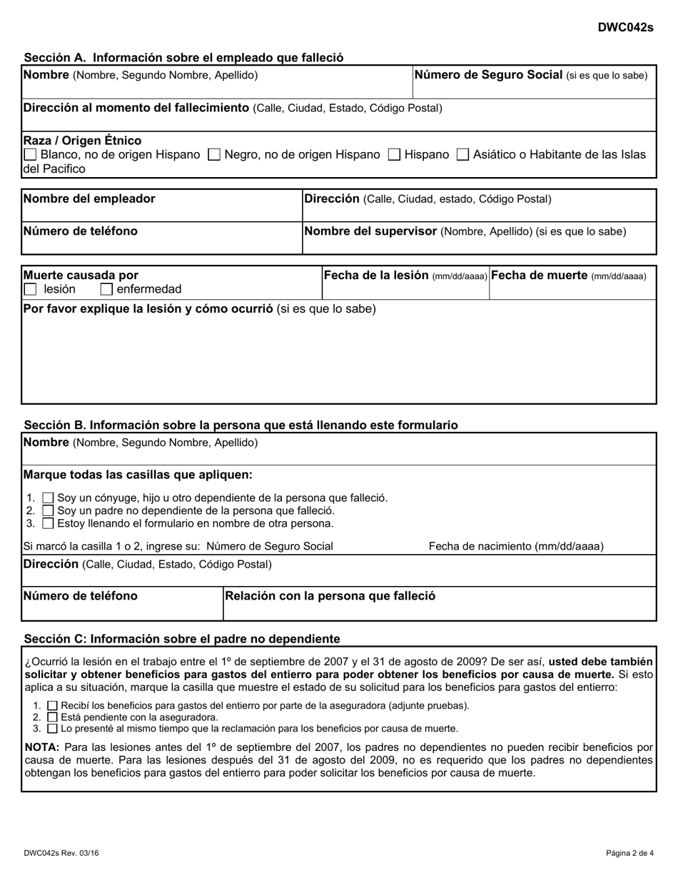 Formulario DWC042S Reclamacion Para Obtener Beneficios De Compensacion Para Trabajadores Por Causa De Muerte - Texas (Spanish), Page 2
