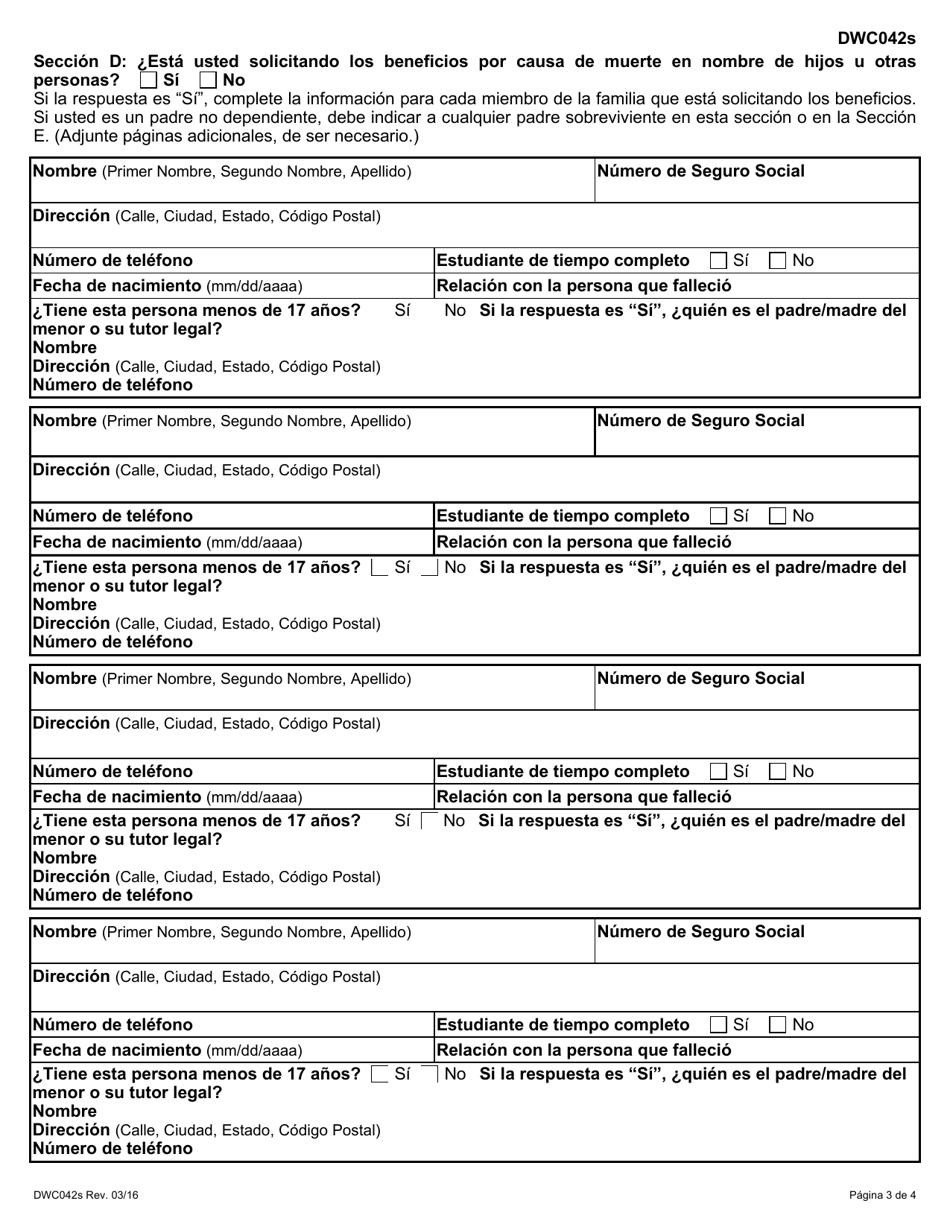 Formulario DWC042S Reclamacion Para Obtener Beneficios De Compensacion Para Trabajadores Por Causa De Muerte - Texas (Spanish), Page 3
