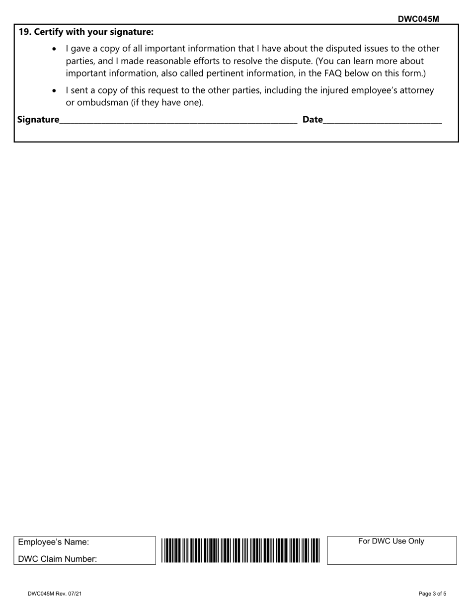 Form DWC045M Request to Schedule, Reschedule, or Cancel a Benefit Review Conference to Appeal a Medical Fee Dispute Decision (Brc-Mfd) - Texas, Page 3