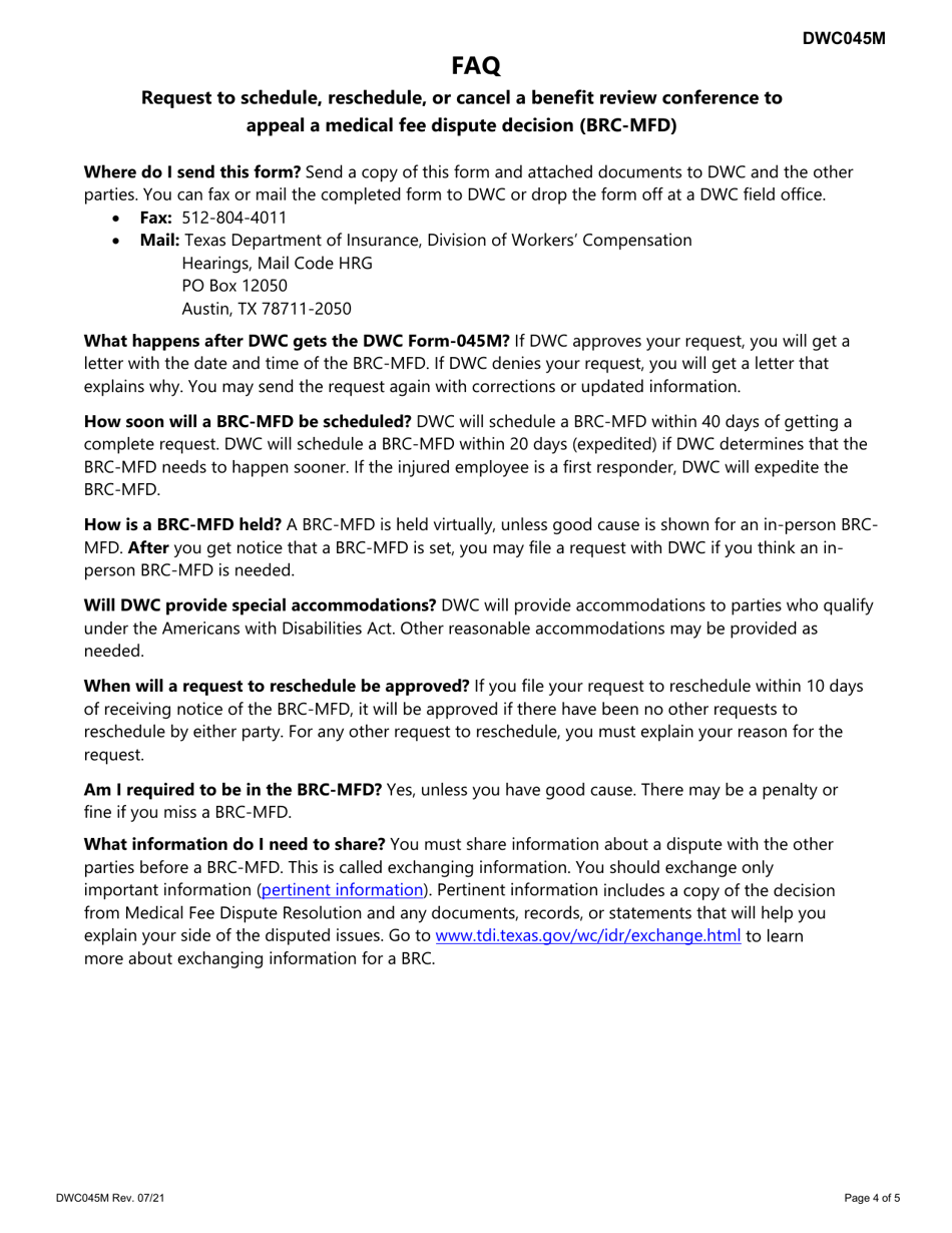 Form DWC045M Request to Schedule, Reschedule, or Cancel a Benefit Review Conference to Appeal a Medical Fee Dispute Decision (Brc-Mfd) - Texas, Page 4