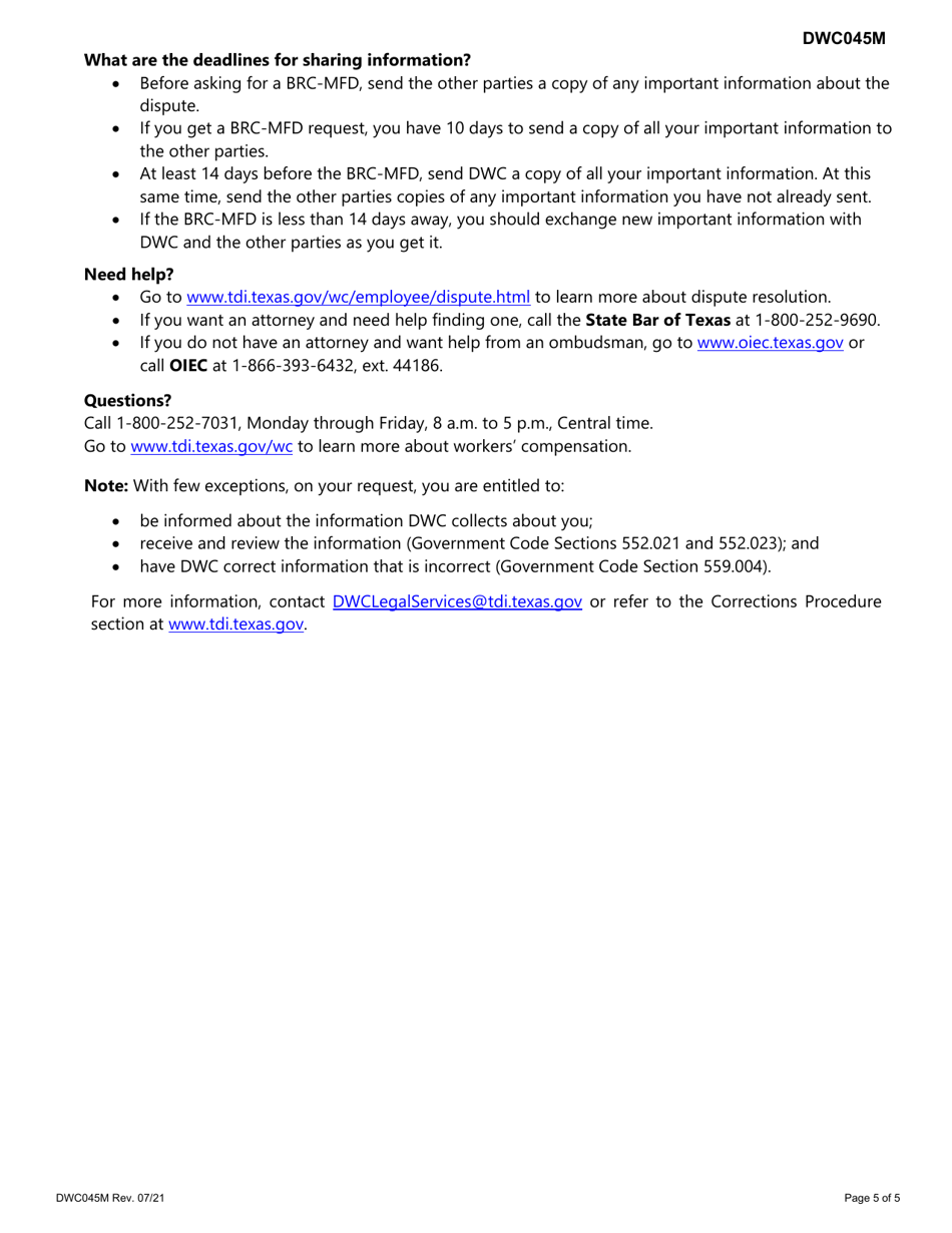 Form DWC045M Request to Schedule, Reschedule, or Cancel a Benefit Review Conference to Appeal a Medical Fee Dispute Decision (Brc-Mfd) - Texas, Page 5