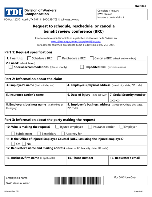 Form DWC045 Request to Schedule, Reschedule, or Cancel a Benefit Review Conference (Brc) - Texas