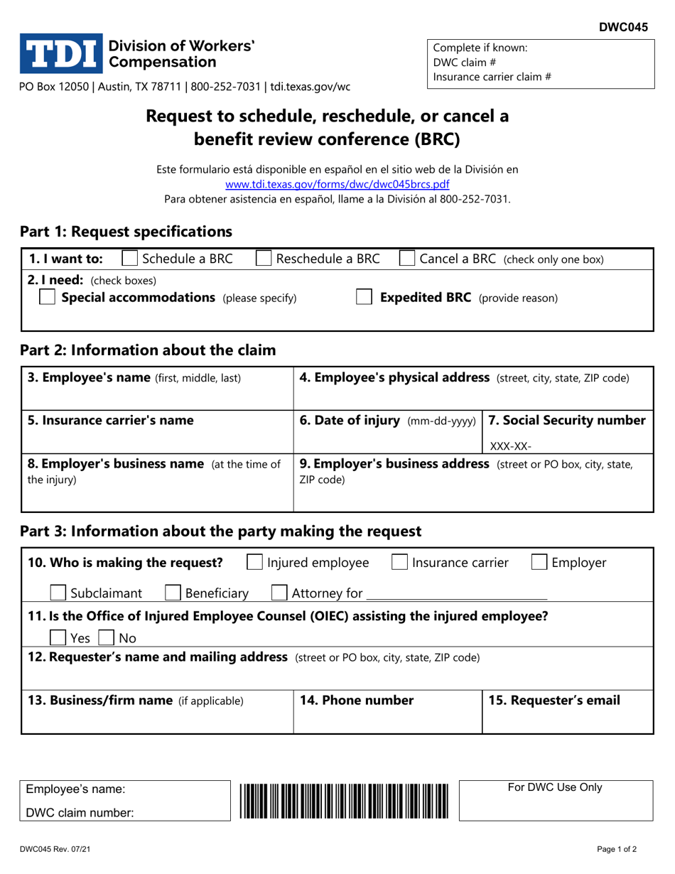 Form DWC045 Request to Schedule, Reschedule, or Cancel a Benefit Review Conference (Brc) - Texas, Page 1