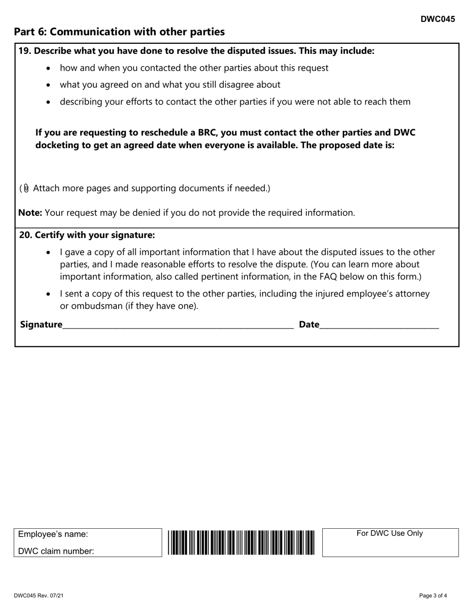 Form DWC045 Request to Schedule, Reschedule, or Cancel a Benefit Review Conference (Brc) - Texas, Page 3