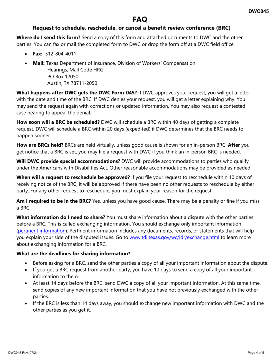 Form DWC045 Request to Schedule, Reschedule, or Cancel a Benefit Review Conference (Brc) - Texas, Page 4