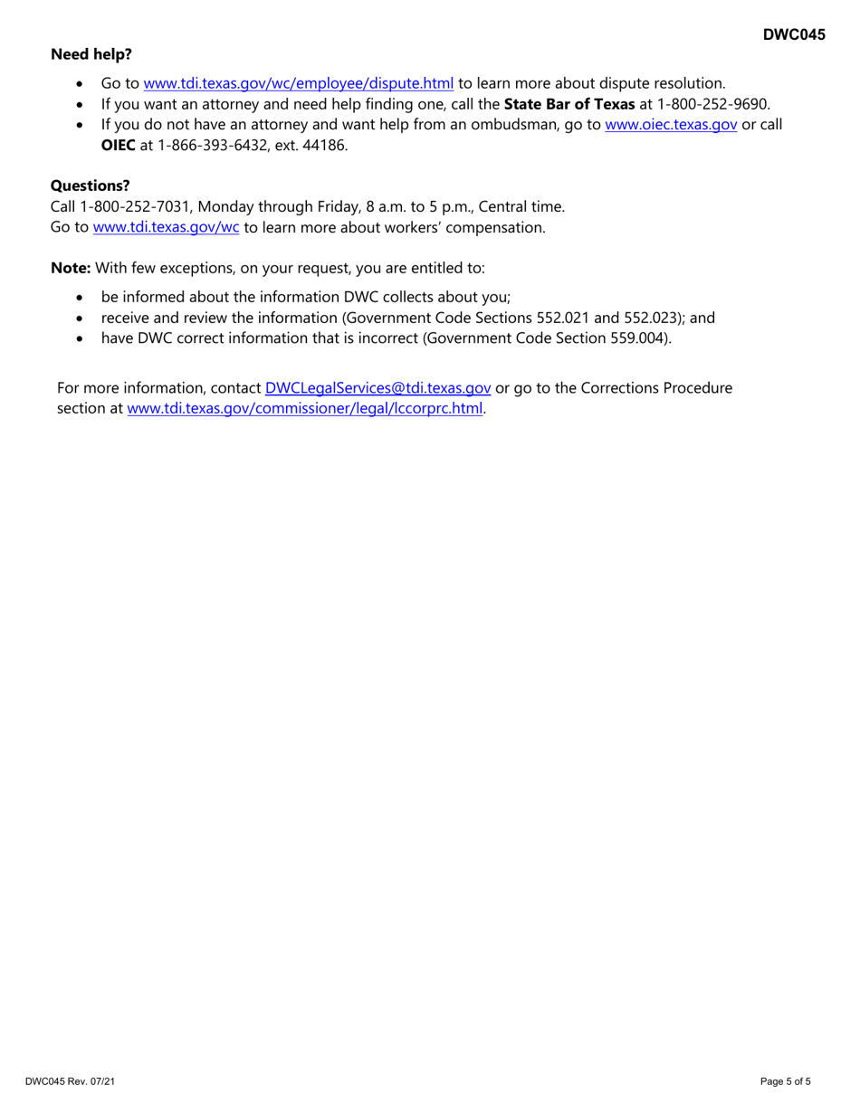 Form DWC045 Request to Schedule, Reschedule, or Cancel a Benefit Review Conference (Brc) - Texas, Page 5