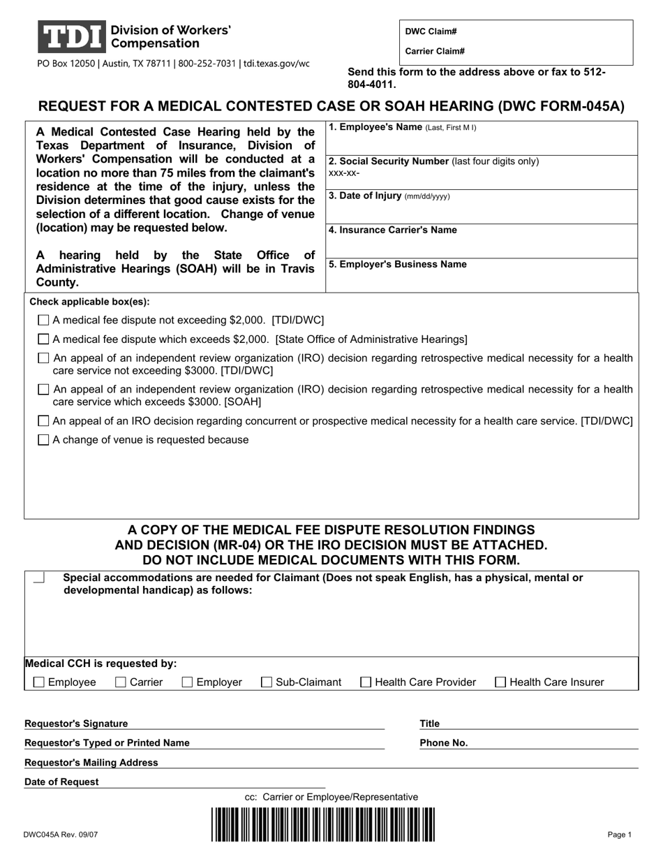 Form DWC045A Request for a Medical Contested Case or Soah Hearing - Texas, Page 1