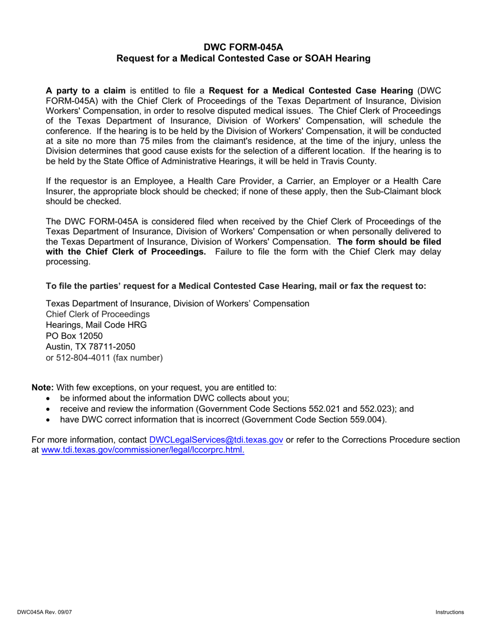 Form DWC045A Request for a Medical Contested Case or Soah Hearing - Texas, Page 2