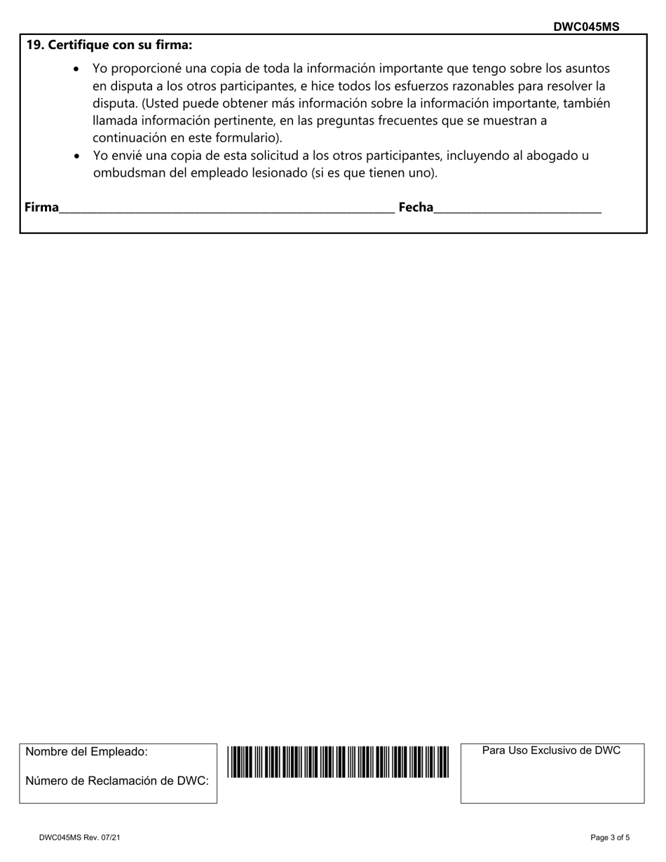 Formulario DWC045MS Solicitud Para Programar, Reprogramar, O Cancelar Una Conferencia Para Revision De Beneficios Para Apelar La Decision De Una Disputa Por Honorarios Medicos - Texas (Spanish), Page 3