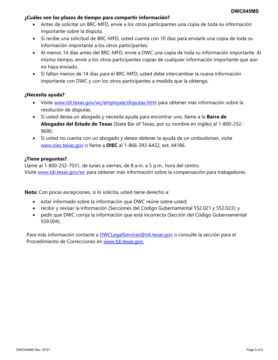 Formulario DWC045MS Solicitud Para Programar, Reprogramar, O Cancelar Una Conferencia Para Revision De Beneficios Para Apelar La Decision De Una Disputa Por Honorarios Medicos - Texas (Spanish), Page 5