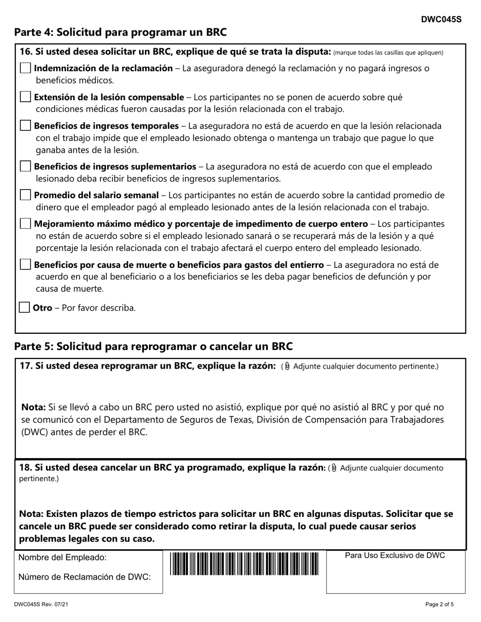 Formulario DWC045S Solicitud Para Programar, Reprogramar, O Cancelar Una Conferencia Para Revision De Beneficios - Texas (Spanish), Page 2
