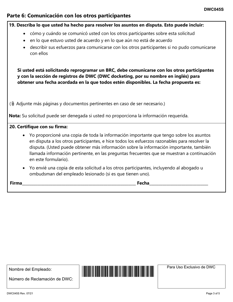 Formulario DWC045S Solicitud Para Programar, Reprogramar, O Cancelar Una Conferencia Para Revision De Beneficios - Texas (Spanish), Page 3