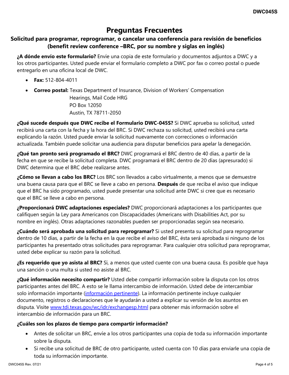 Formulario DWC045S Solicitud Para Programar, Reprogramar, O Cancelar Una Conferencia Para Revision De Beneficios - Texas (Spanish), Page 4