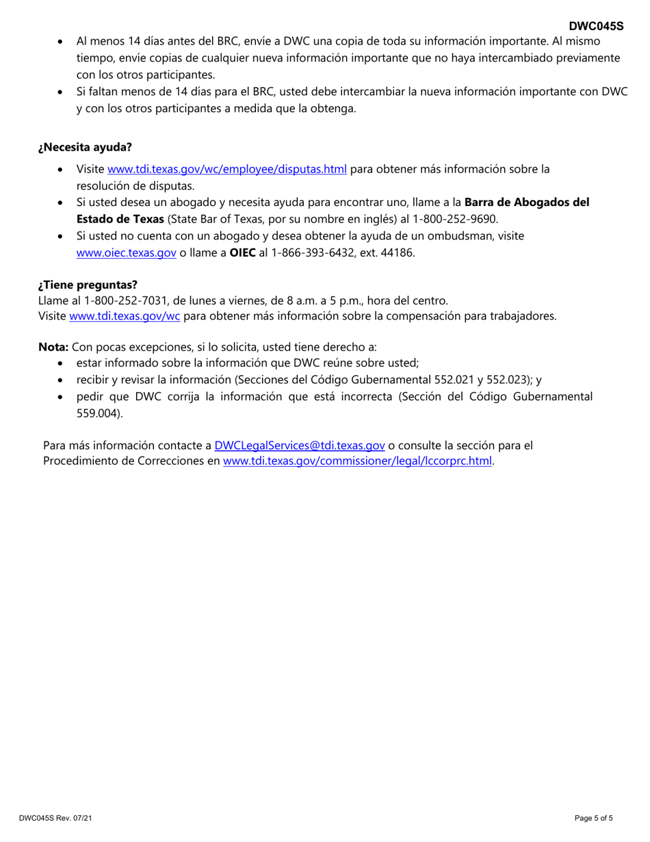 Formulario DWC045S Solicitud Para Programar, Reprogramar, O Cancelar Una Conferencia Para Revision De Beneficios - Texas (Spanish), Page 5