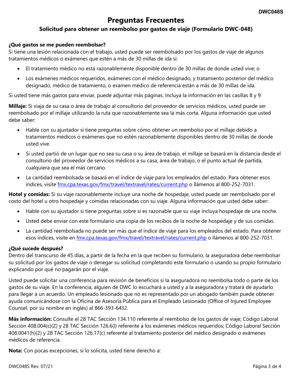 Formulario DWC048S Solicitud Para Obtener Un Reembolso Por Gastos De Viaje - Texas (Spanish), Page 3