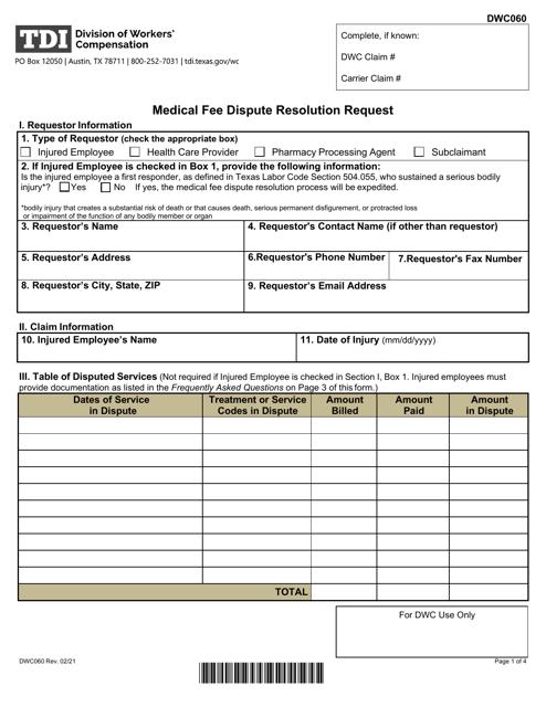 Form DWC060 Medical Fee Dispute Resolution Request - Texas