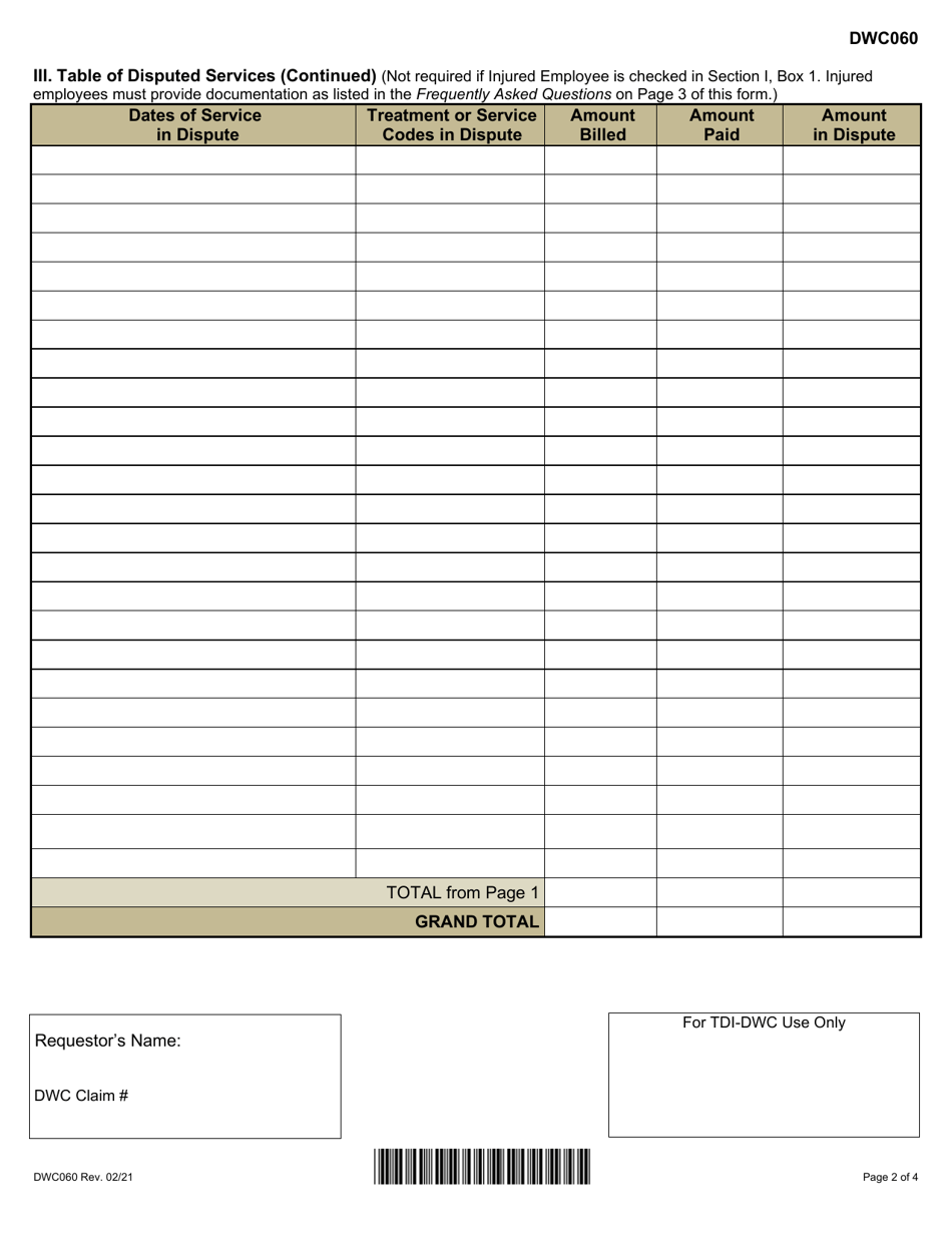 Form DWC060 Medical Fee Dispute Resolution Request - Texas, Page 2