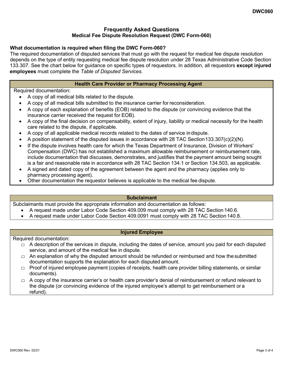 Form DWC060 Medical Fee Dispute Resolution Request - Texas, Page 3