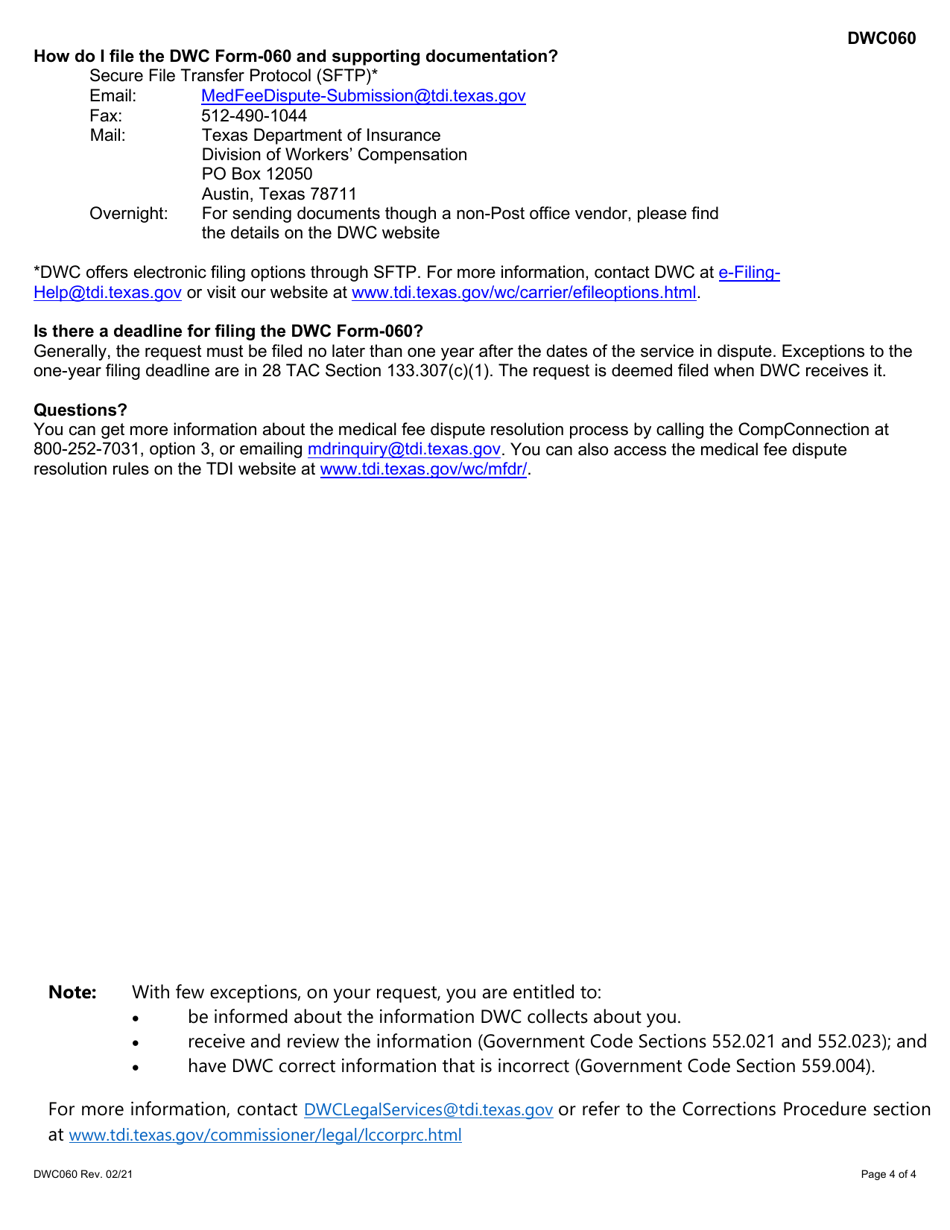 Form DWC060 Medical Fee Dispute Resolution Request - Texas, Page 4