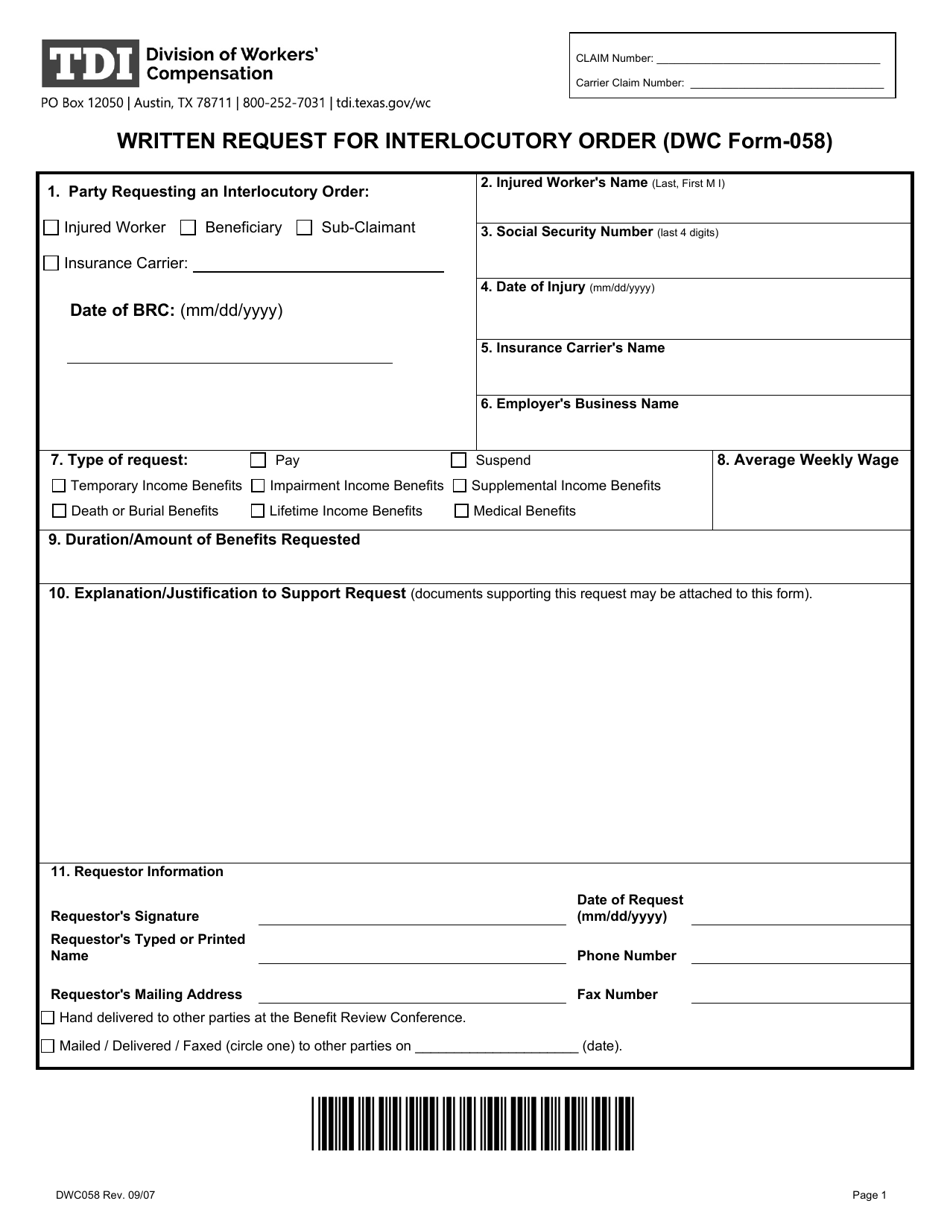 Form DWC058 Written Request for Interlocutory Order - Texas, Page 1