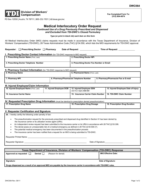 Form DWC064 Medical Interlocutory Order Request - Texas