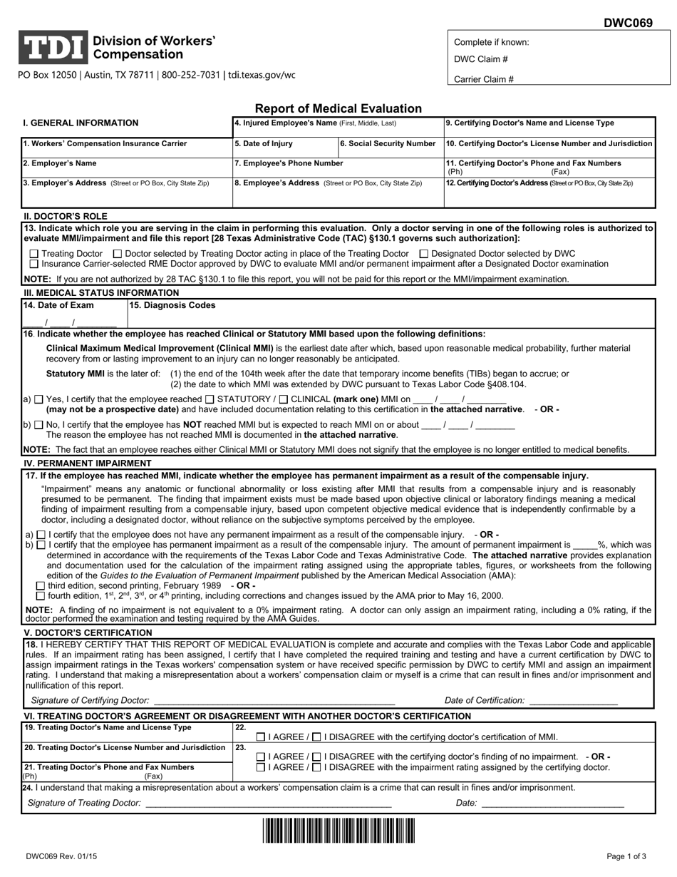 Form DWC069 Report of Medical Evaluation - Texas, Page 1