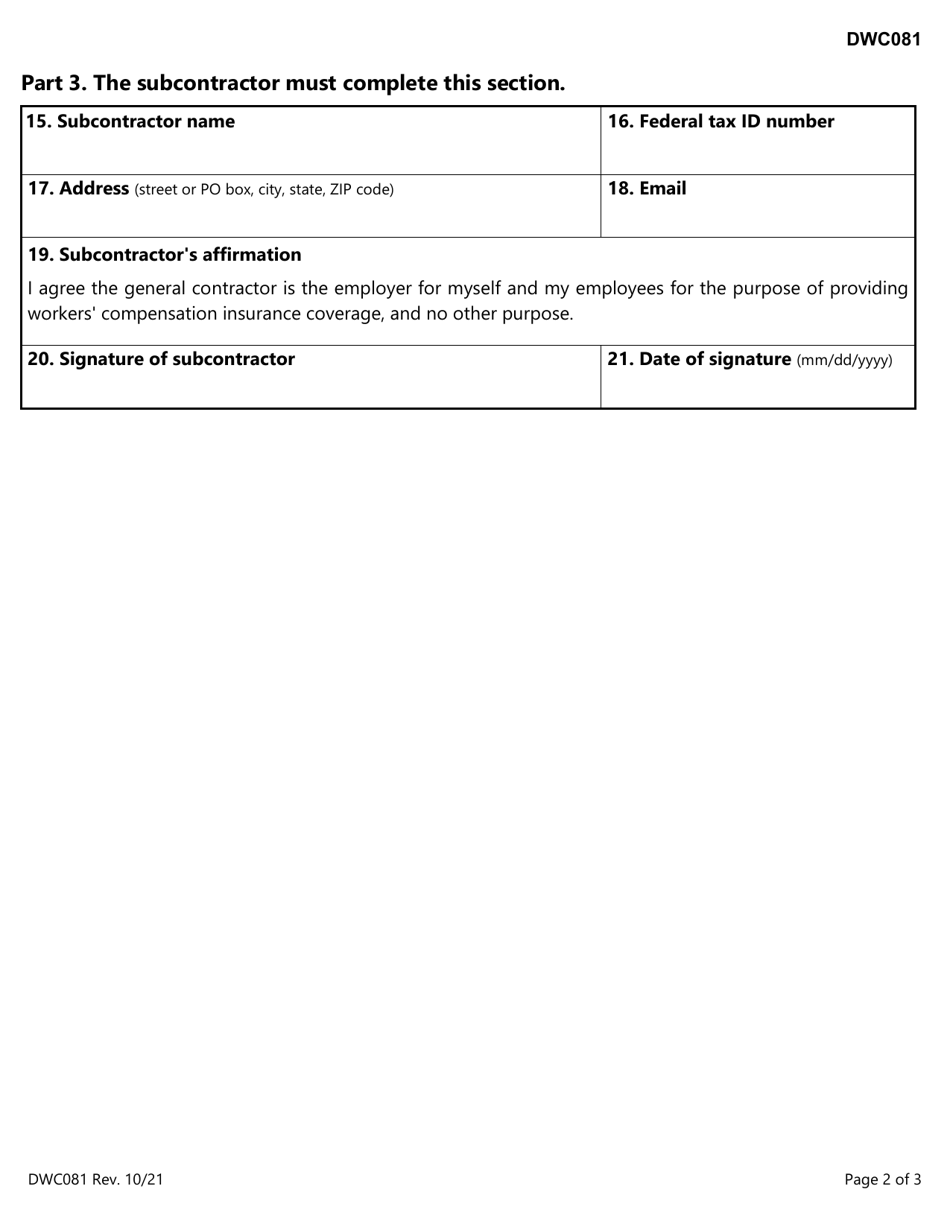 Form DWC081 Agreement Between General Contractor and Subcontractor to Provide Workers Compensation Insurance - Texas, Page 2