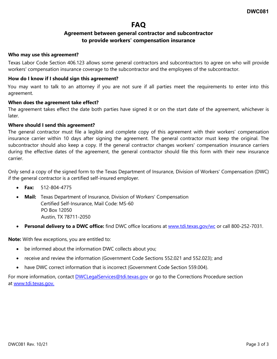 Form DWC081 Agreement Between General Contractor and Subcontractor to Provide Workers Compensation Insurance - Texas, Page 3