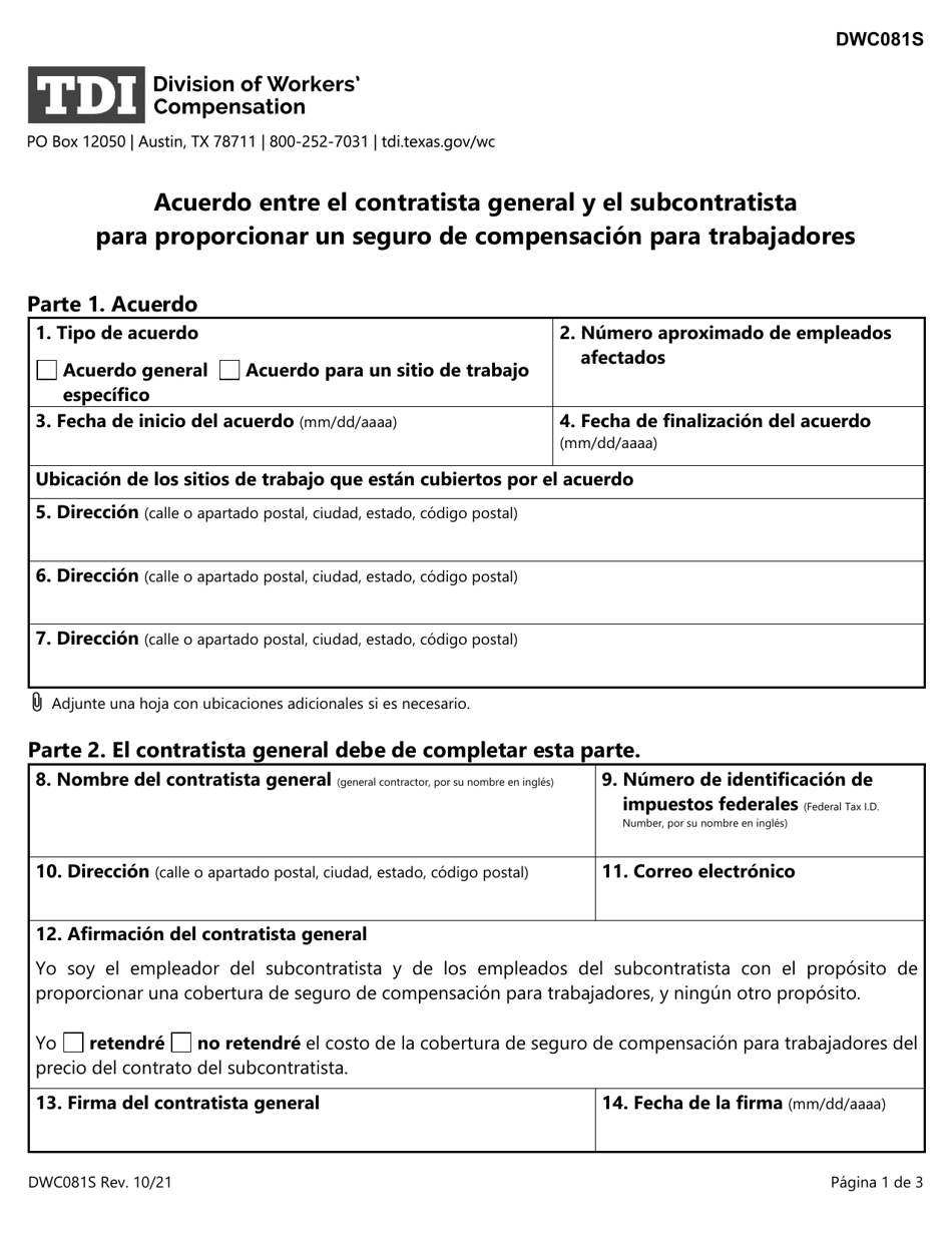 Formulario DWC081S Acuerdo Entre El Contratista General Y El Subcontratista Para Proporcionar Un Seguro De Compensacion Para Trabajadores - Texas (Spanish), Page 1