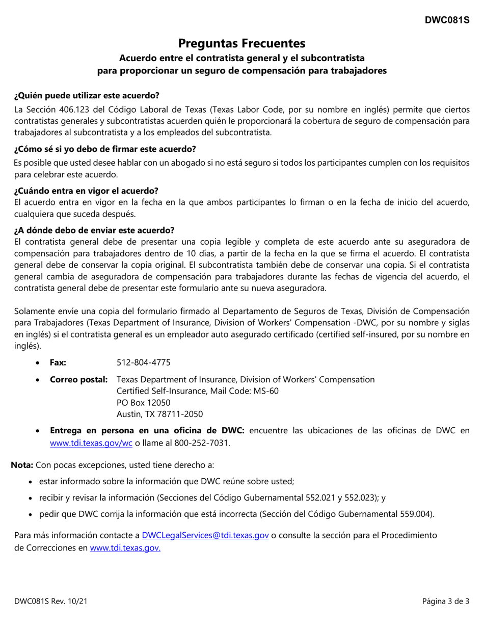 Formulario DWC081S Acuerdo Entre El Contratista General Y El Subcontratista Para Proporcionar Un Seguro De Compensacion Para Trabajadores - Texas (Spanish), Page 3
