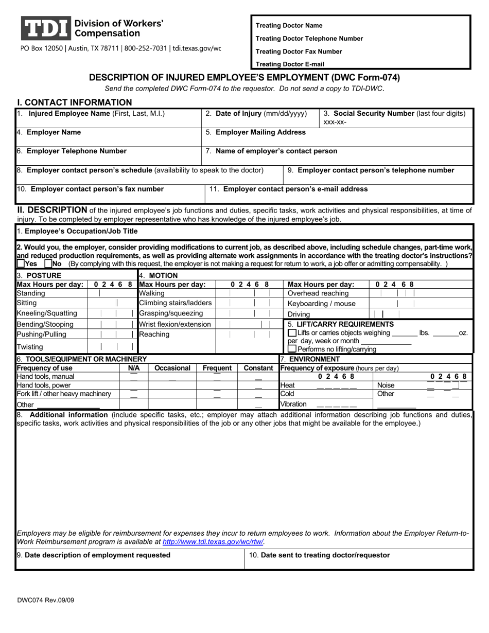 Form DWC074 Description of Injured Employees Employment - Texas, Page 1