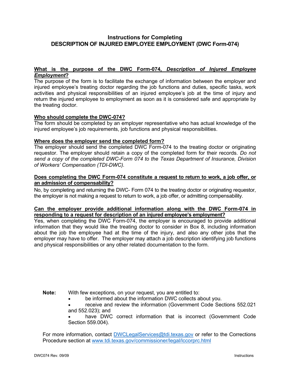 Form DWC074 Description of Injured Employees Employment - Texas, Page 2
