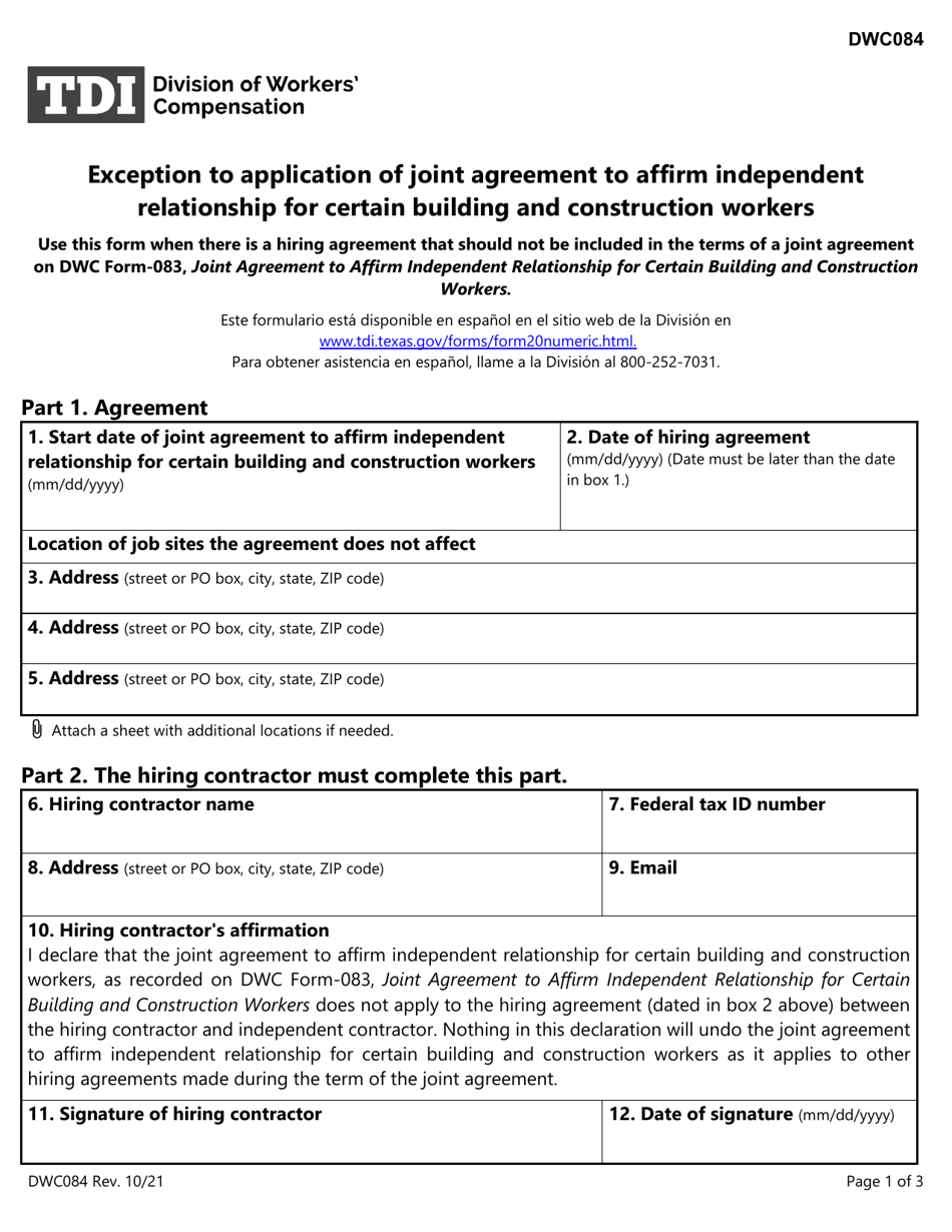 Form DWC084 Exception to Application of Joint Agreement to Affirm Independent Relationship for Certain Building and Construction Workers - Texas, Page 1