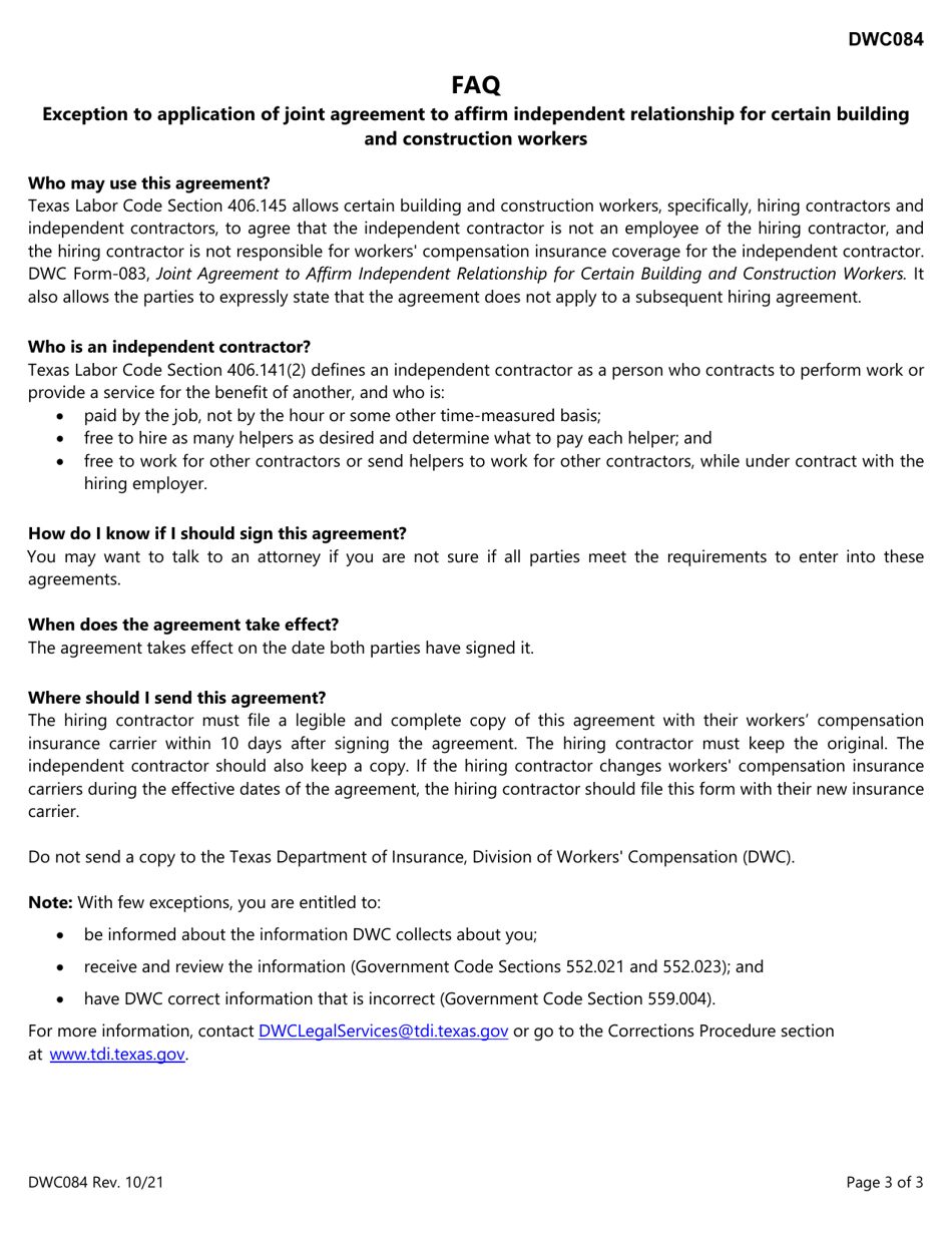Form DWC084 Exception to Application of Joint Agreement to Affirm Independent Relationship for Certain Building and Construction Workers - Texas, Page 3