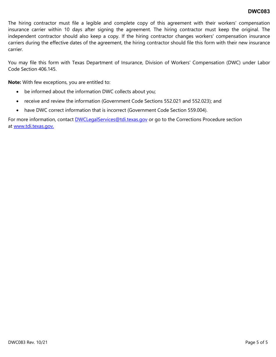 Form DWC083 Agreement for Certain Building and Construction Workers - Texas, Page 5