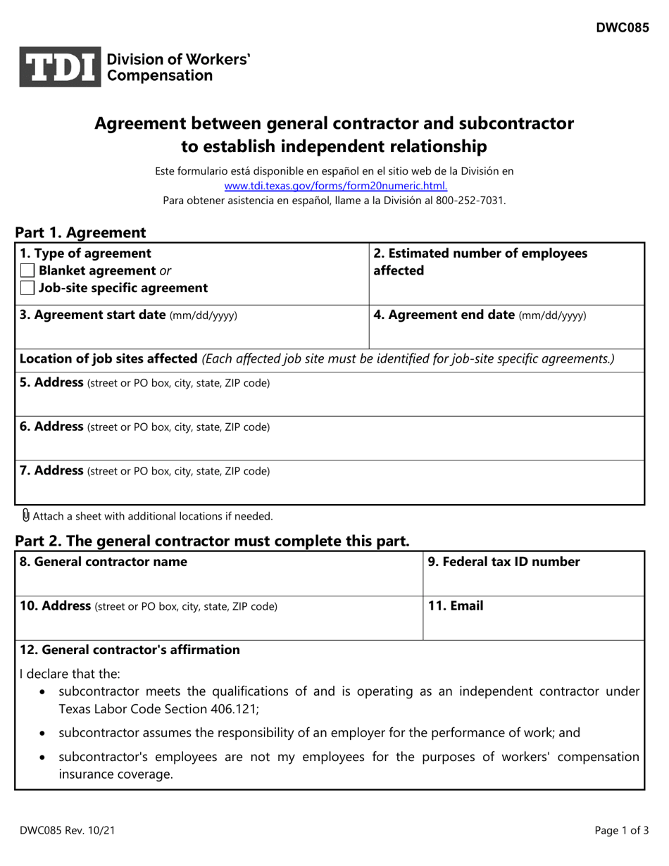 Form DWC085 Agreement Between General Contractor and Subcontractor to Establish Independent Relationship - Texas, Page 1