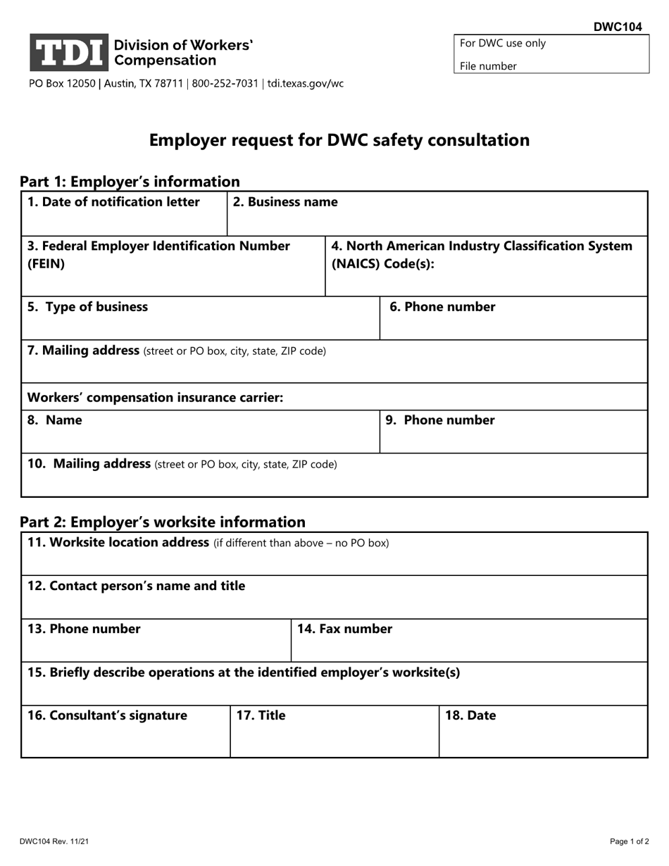 Form DWC104 Employer Request for DWC Safety Consultation - Texas, Page 1