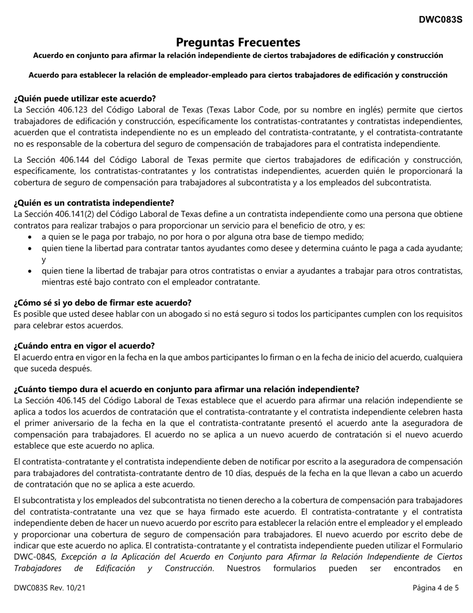 Formulario DWC083S Acuerdo Para Ciertos Trabajadores De Edificacion Y Construccion - Texas (Spanish), Page 4