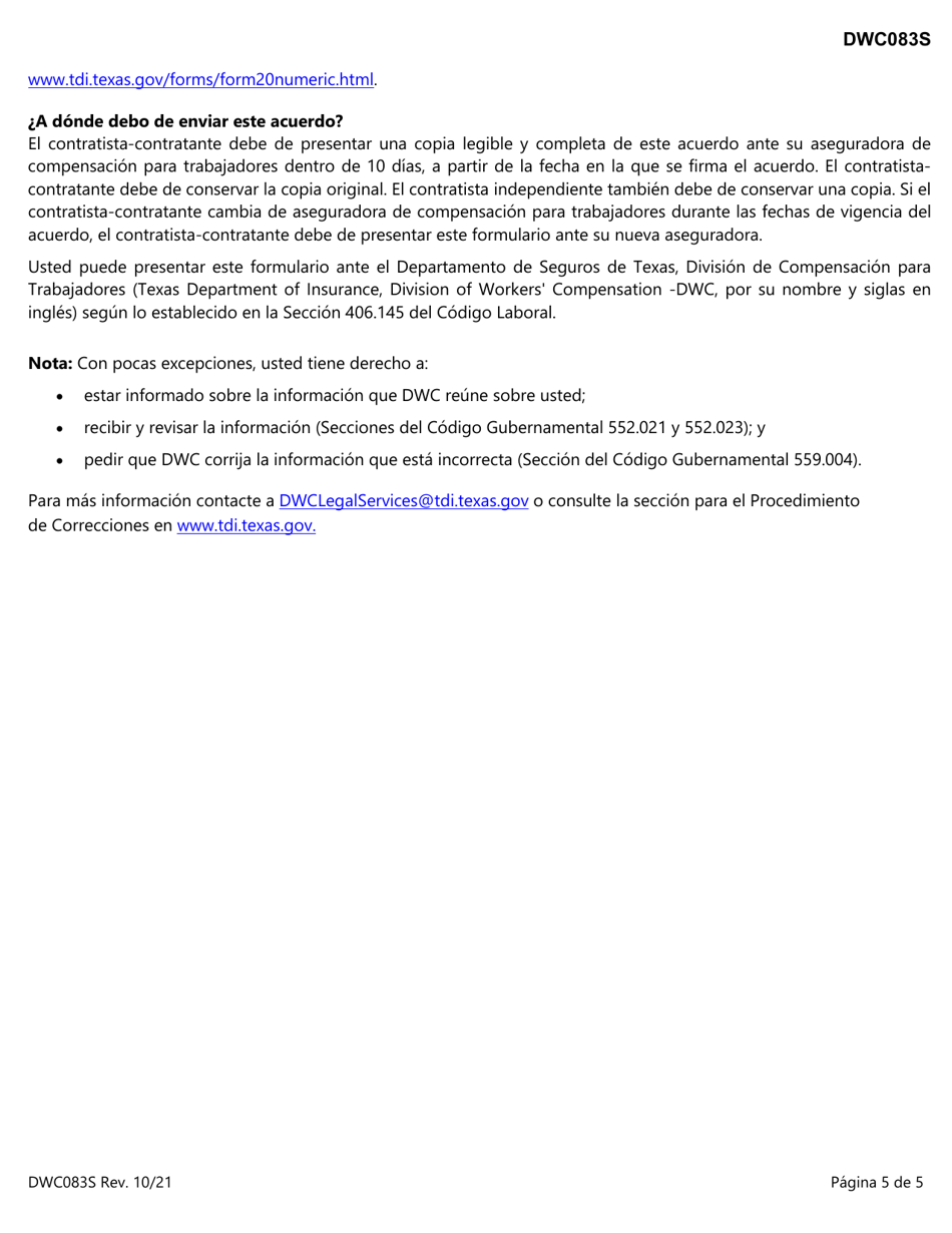 Formulario DWC083S Acuerdo Para Ciertos Trabajadores De Edificacion Y Construccion - Texas (Spanish), Page 5