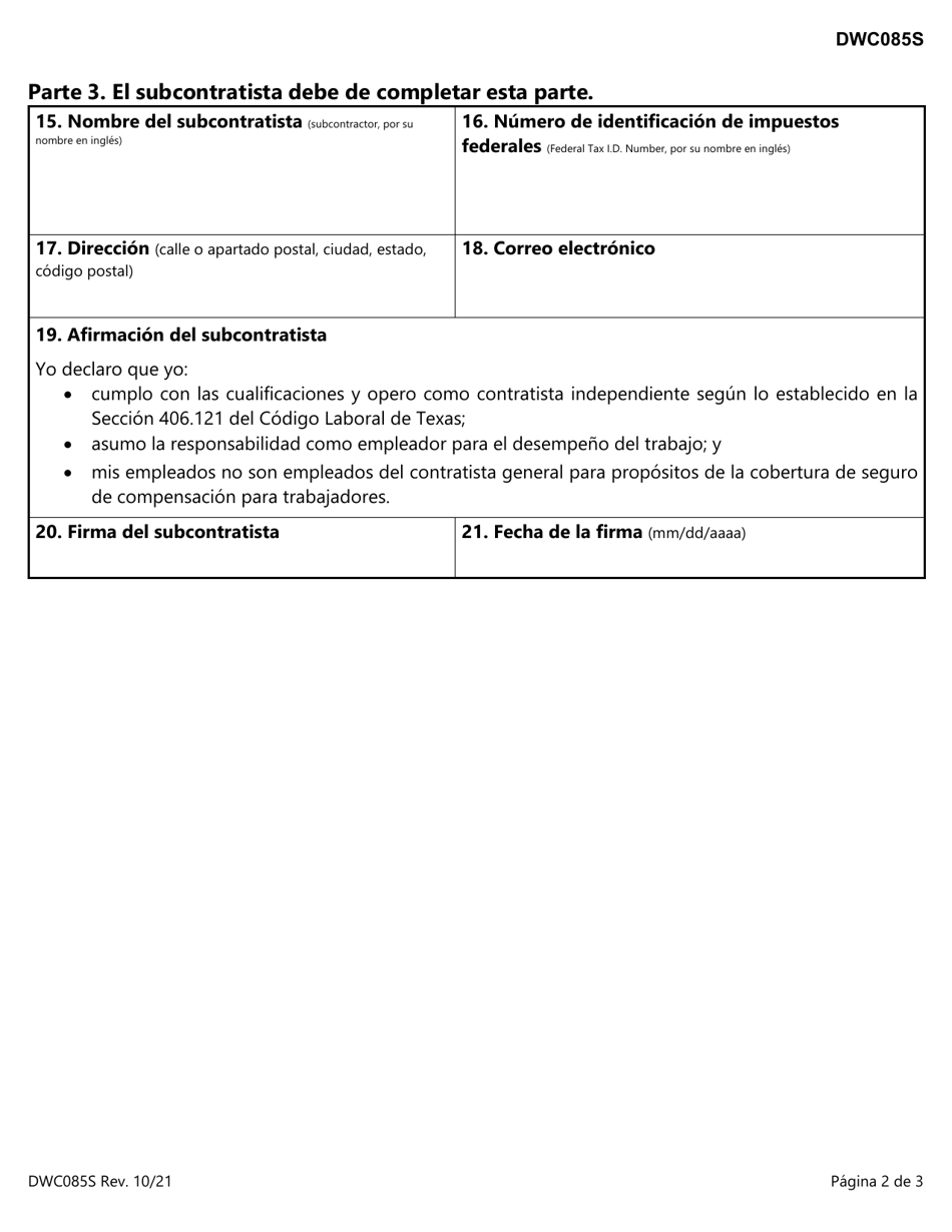 Formulario DWC085S Acuerdo Entre El Contratista General Y El Subcontratista Para Establecer Una Relacion Independiente - Texas (Spanish), Page 2