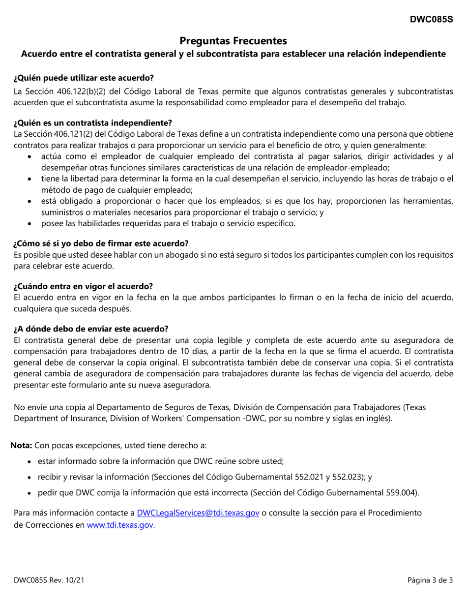 Formulario DWC085S Acuerdo Entre El Contratista General Y El Subcontratista Para Establecer Una Relacion Independiente - Texas (Spanish), Page 3