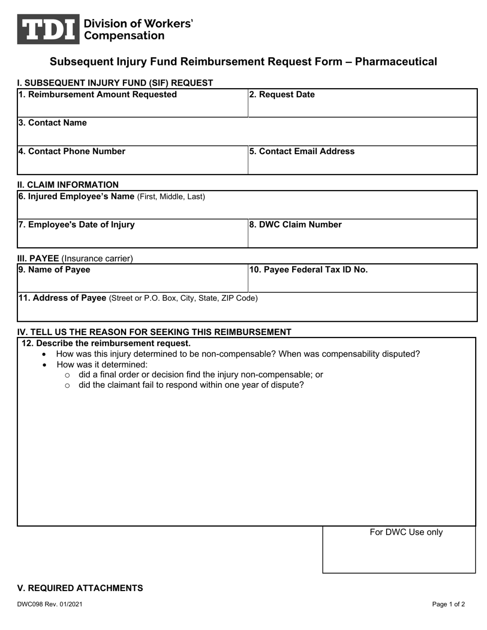 Form DWC098 Subsequent Injury Fund Reimbursement Request Form - Pharmaceutical - Texas, Page 1